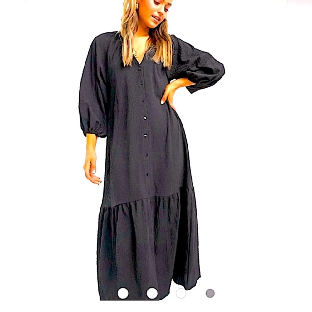 Asos textured baloon sleeve maxi dress relaxed fit black 6